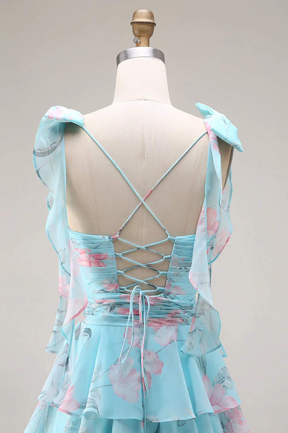 Blue Pink Flower A Line Ruffled Tiered Chiffon Long Prom Dress with Slit - Image 7