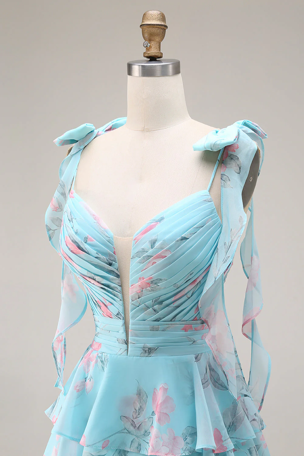 Blue Pink Flower A Line Ruffled Tiered Chiffon Long Prom Dress with Slit - Image 8