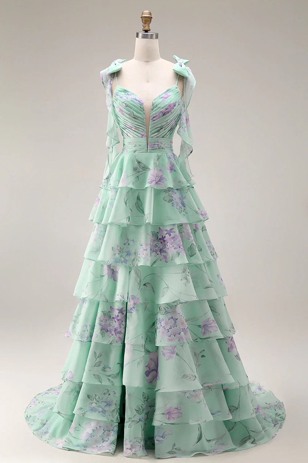 Blue Pink Flower A Line Ruffled Tiered Chiffon Long Prom Dress with Slit - Image 9