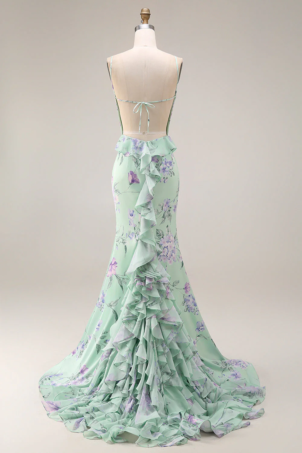 Blue Pink Flower Mermaid Spaghetti Straps Long Prom Dress - Image 10