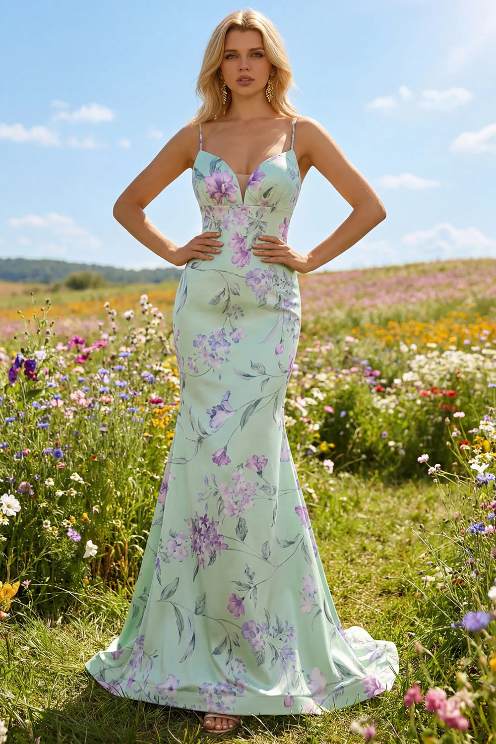 Blue Pink Flower Mermaid Spaghetti Straps Long Prom Dress - Image 11