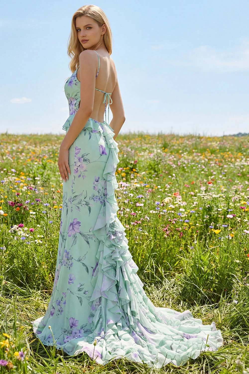 Blue Pink Flower Mermaid Spaghetti Straps Long Prom Dress - Image 12