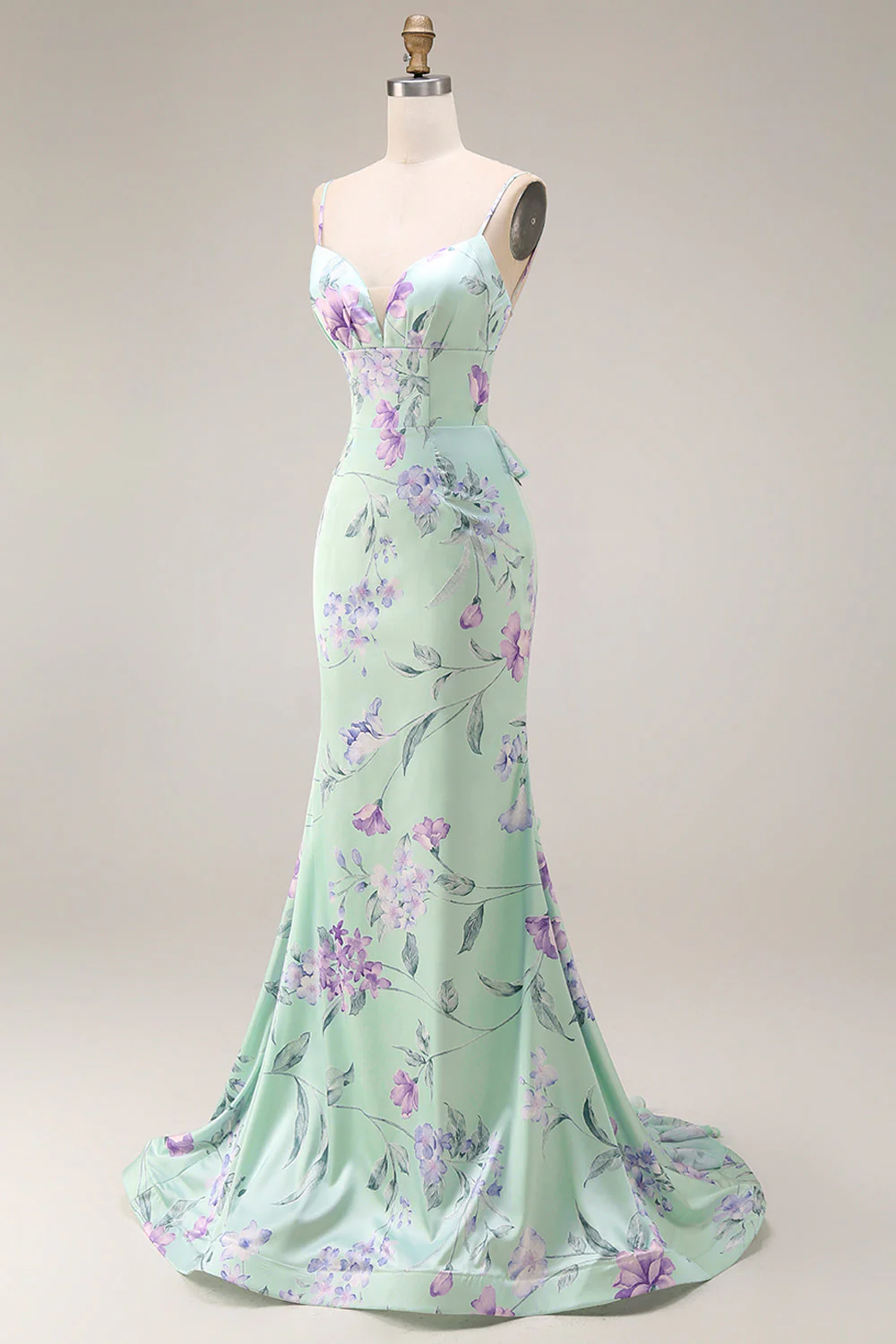 Blue Pink Flower Mermaid Spaghetti Straps Long Prom Dress - Image 13