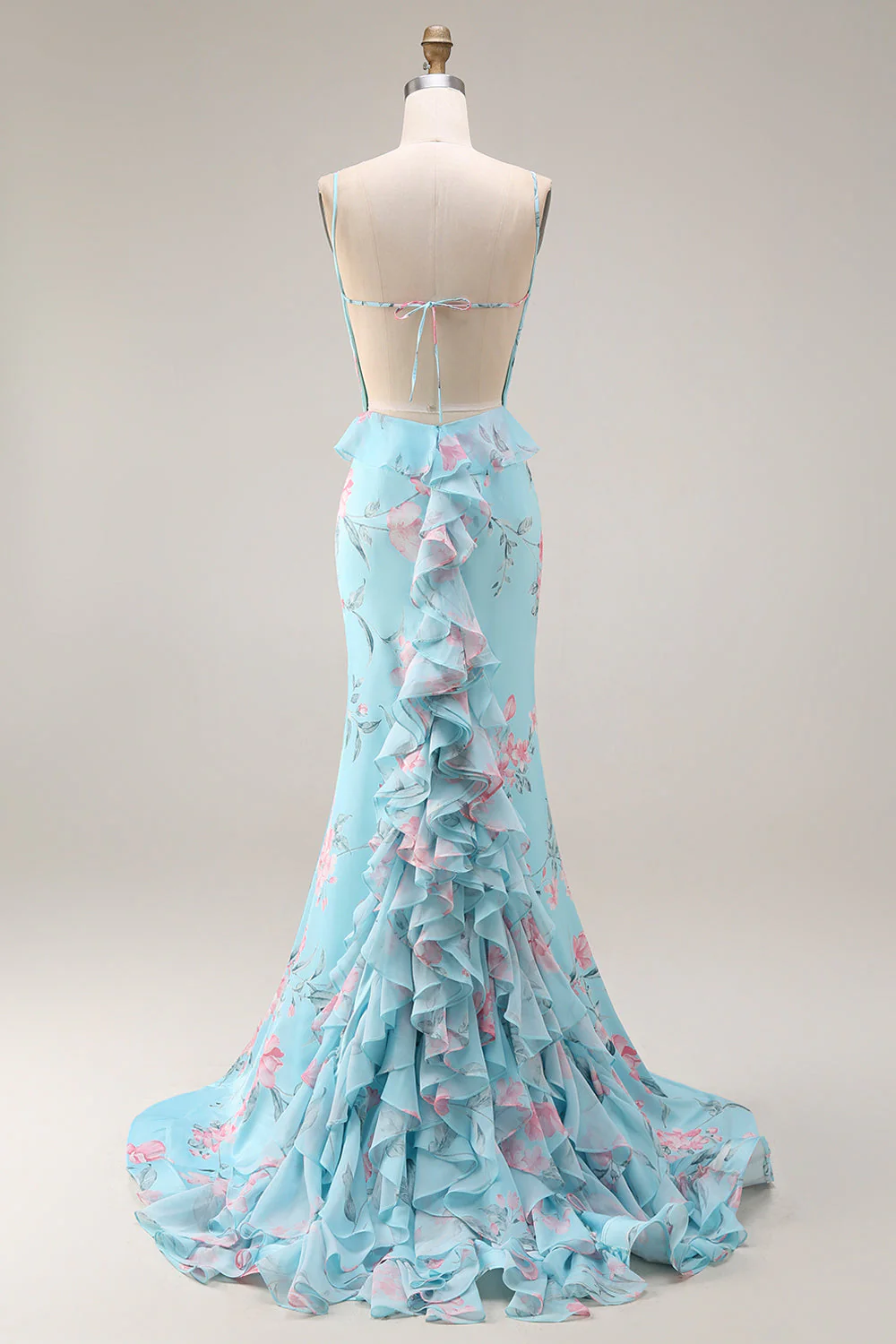 Blue Pink Flower Mermaid Spaghetti Straps Long Prom Dress - Image 2