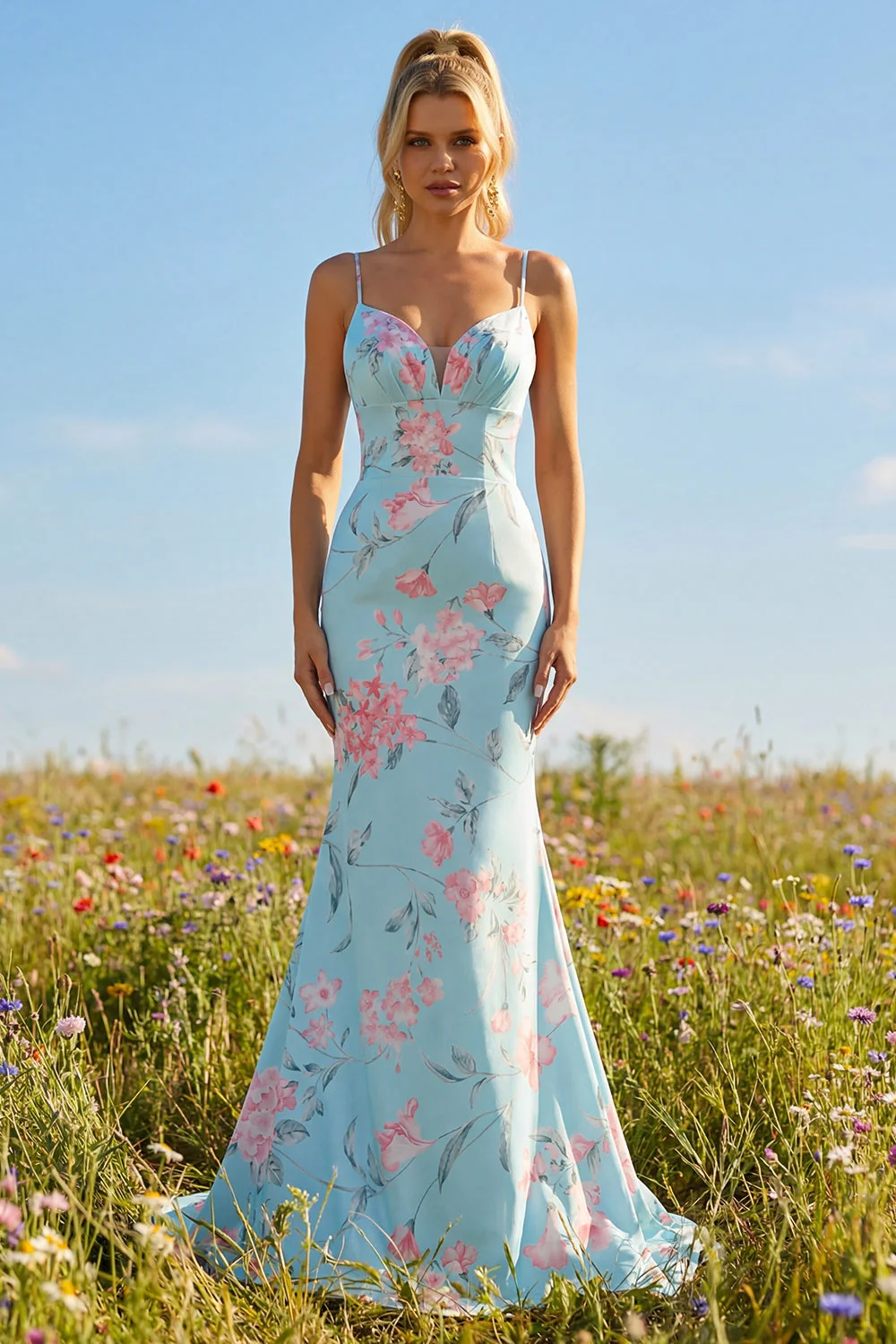 Blue Pink Flower Mermaid Spaghetti Straps Long Prom Dress - Image 3