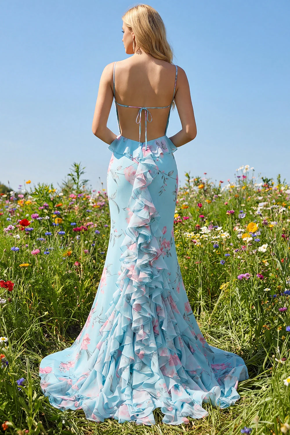 Blue Pink Flower Mermaid Spaghetti Straps Long Prom Dress - Image 4