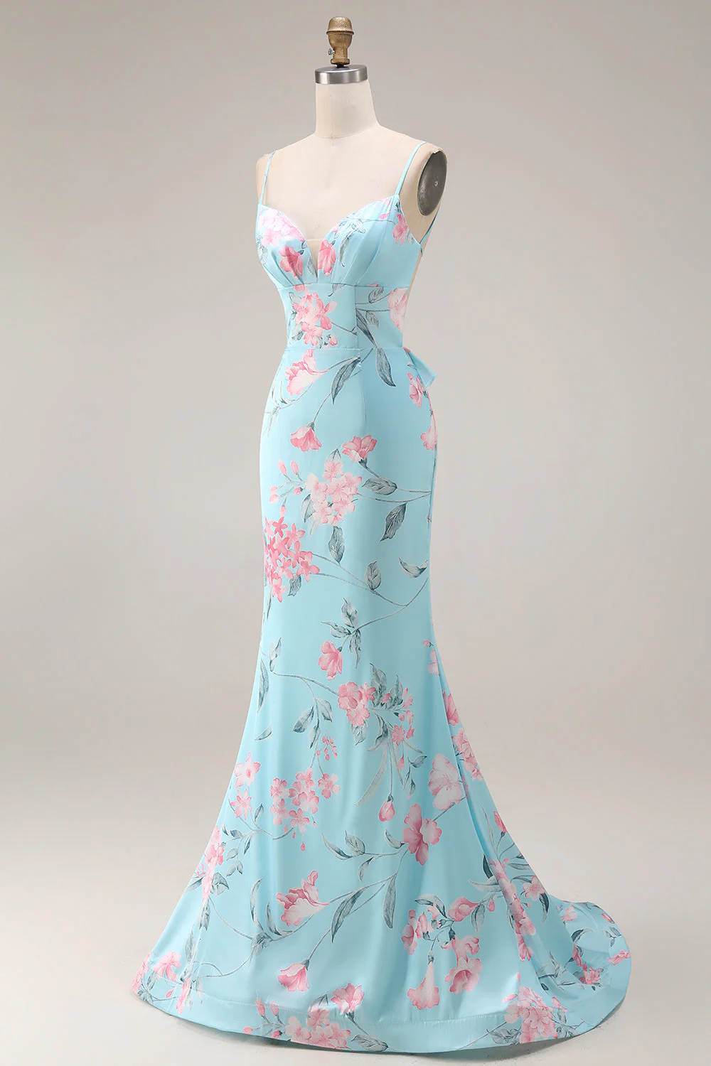 Blue Pink Flower Mermaid Spaghetti Straps Long Prom Dress - Image 5