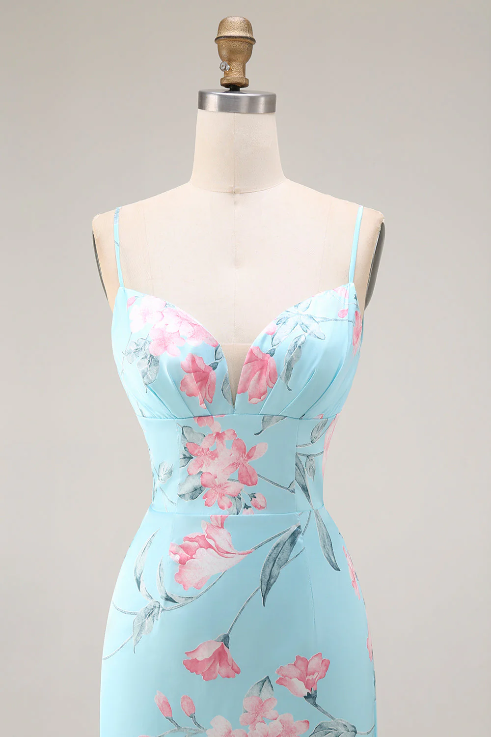 Blue Pink Flower Mermaid Spaghetti Straps Long Prom Dress - Image 6