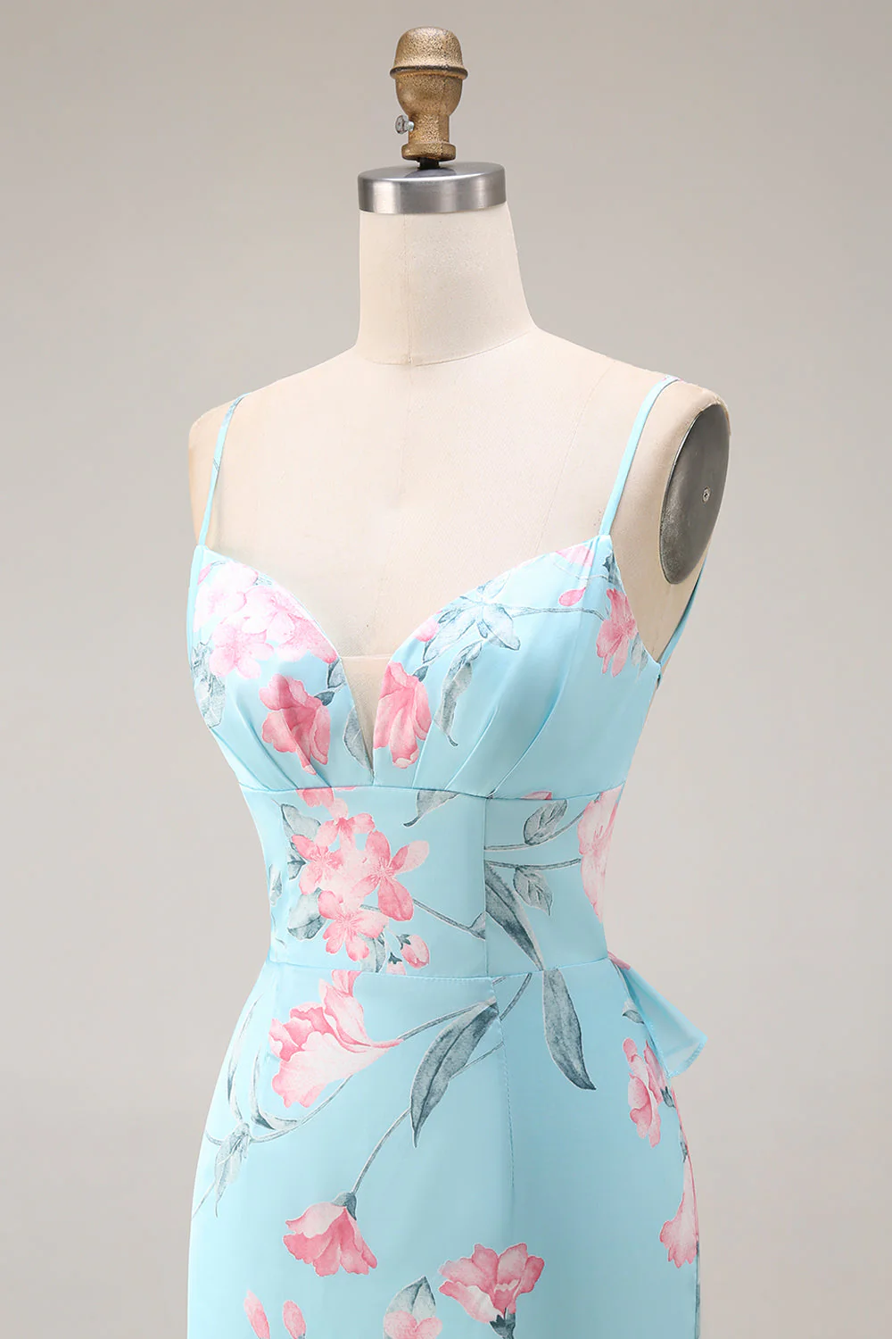 Blue Pink Flower Mermaid Spaghetti Straps Long Prom Dress - Image 7