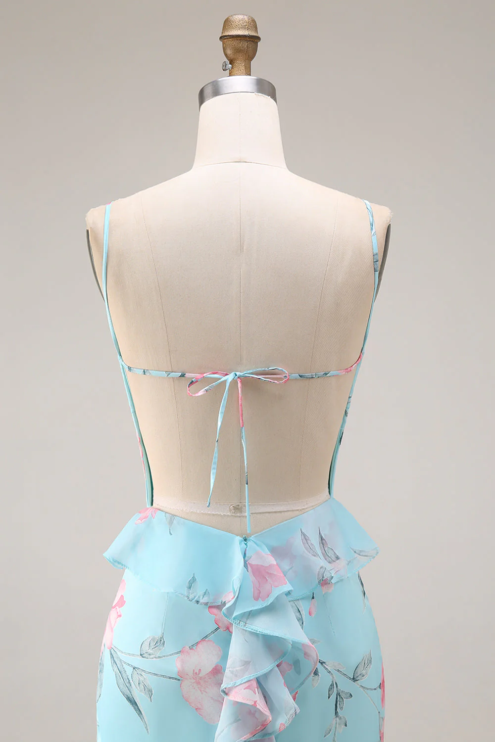 Blue Pink Flower Mermaid Spaghetti Straps Long Prom Dress - Image 8
