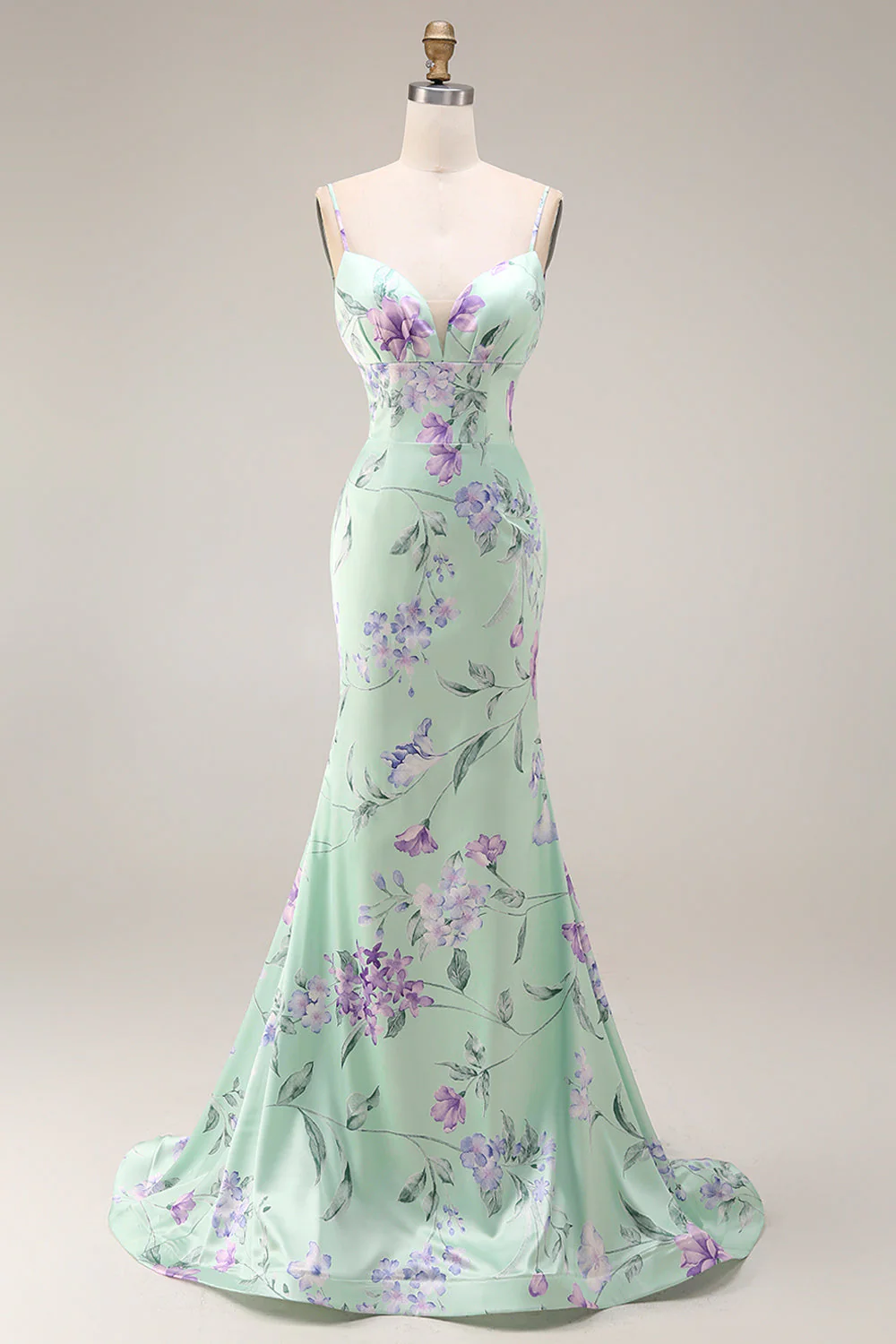 Blue Pink Flower Mermaid Spaghetti Straps Long Prom Dress - Image 9