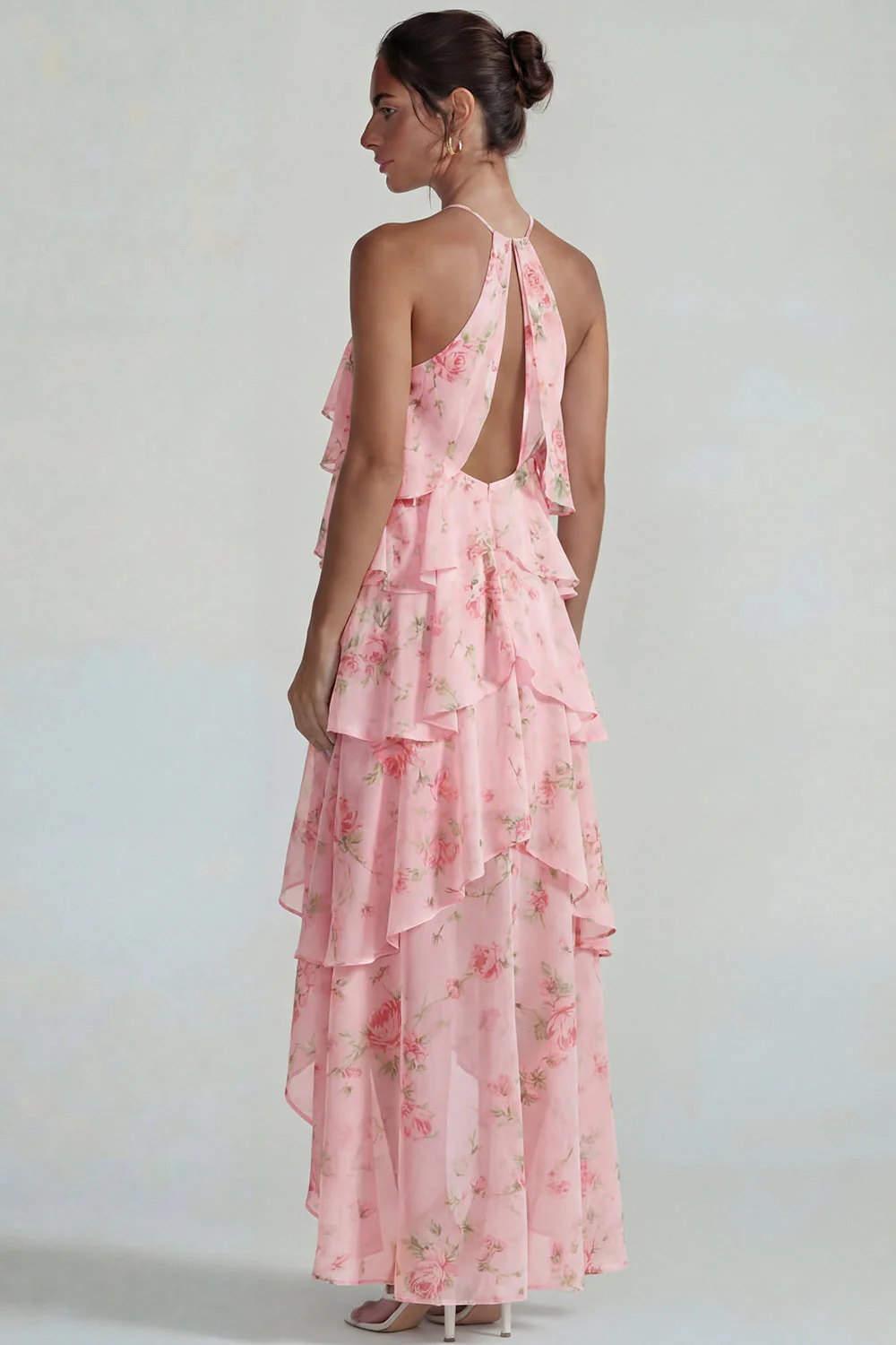 Blue Pink Printed Flower Halter Tiered Chiffon A Line Midi Dress with Ruffles - Image 10