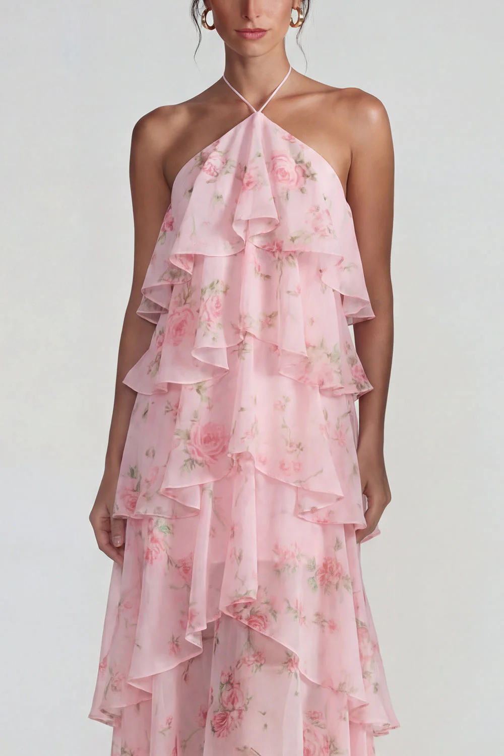 Blue Pink Printed Flower Halter Tiered Chiffon A Line Midi Dress with Ruffles - Image 11