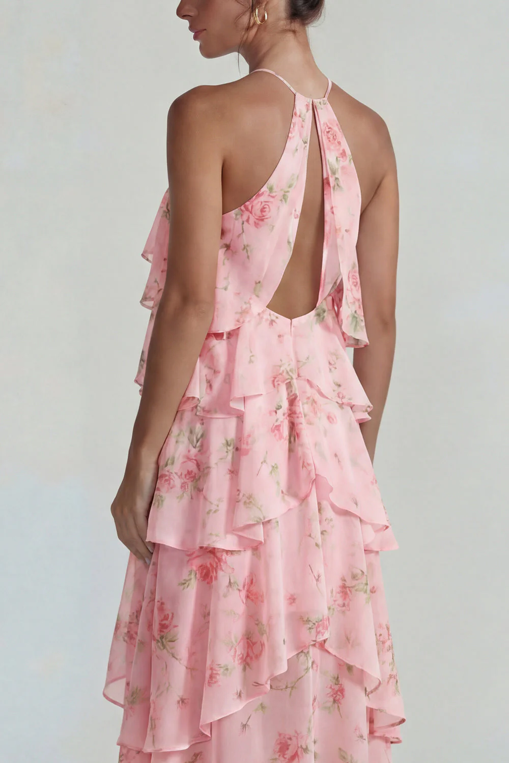 Blue Pink Printed Flower Halter Tiered Chiffon A Line Midi Dress with Ruffles - Image 12
