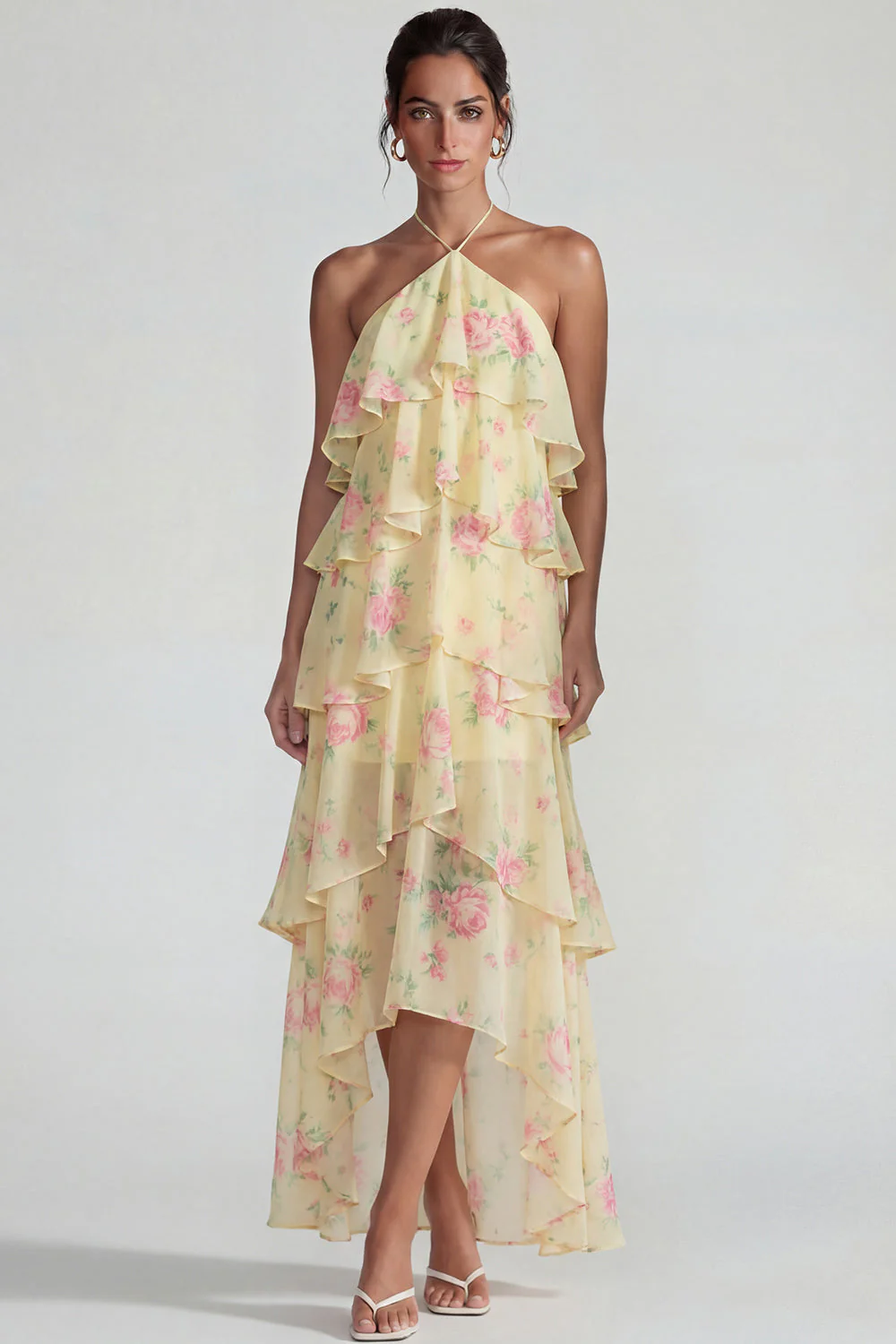 Blue Pink Printed Flower Halter Tiered Chiffon A Line Midi Dress with Ruffles - Image 13