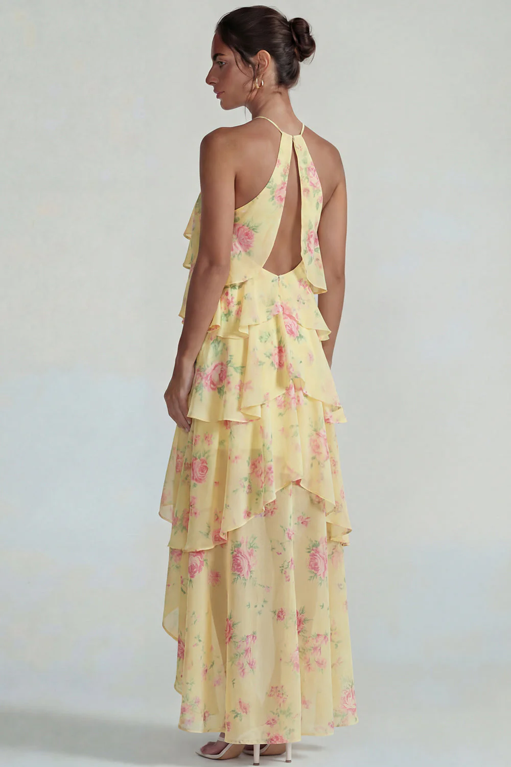 Blue Pink Printed Flower Halter Tiered Chiffon A Line Midi Dress with Ruffles - Image 14