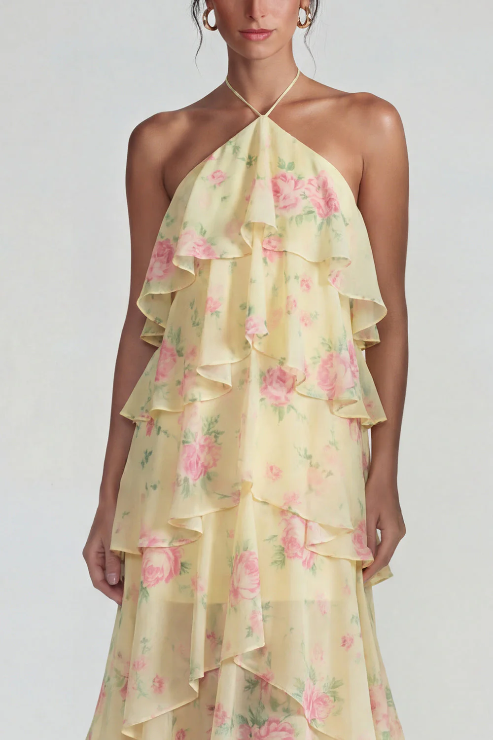 Blue Pink Printed Flower Halter Tiered Chiffon A Line Midi Dress with Ruffles - Image 15