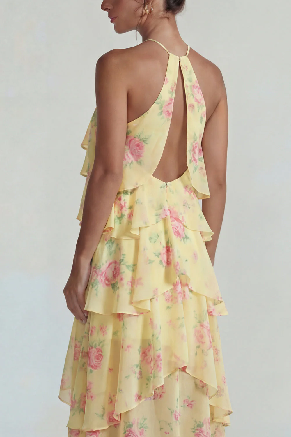 Blue Pink Printed Flower Halter Tiered Chiffon A Line Midi Dress with Ruffles - Image 16