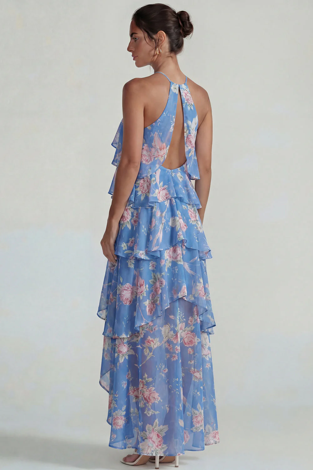 Blue Pink Printed Flower Halter Tiered Chiffon A Line Midi Dress with Ruffles - Image 2