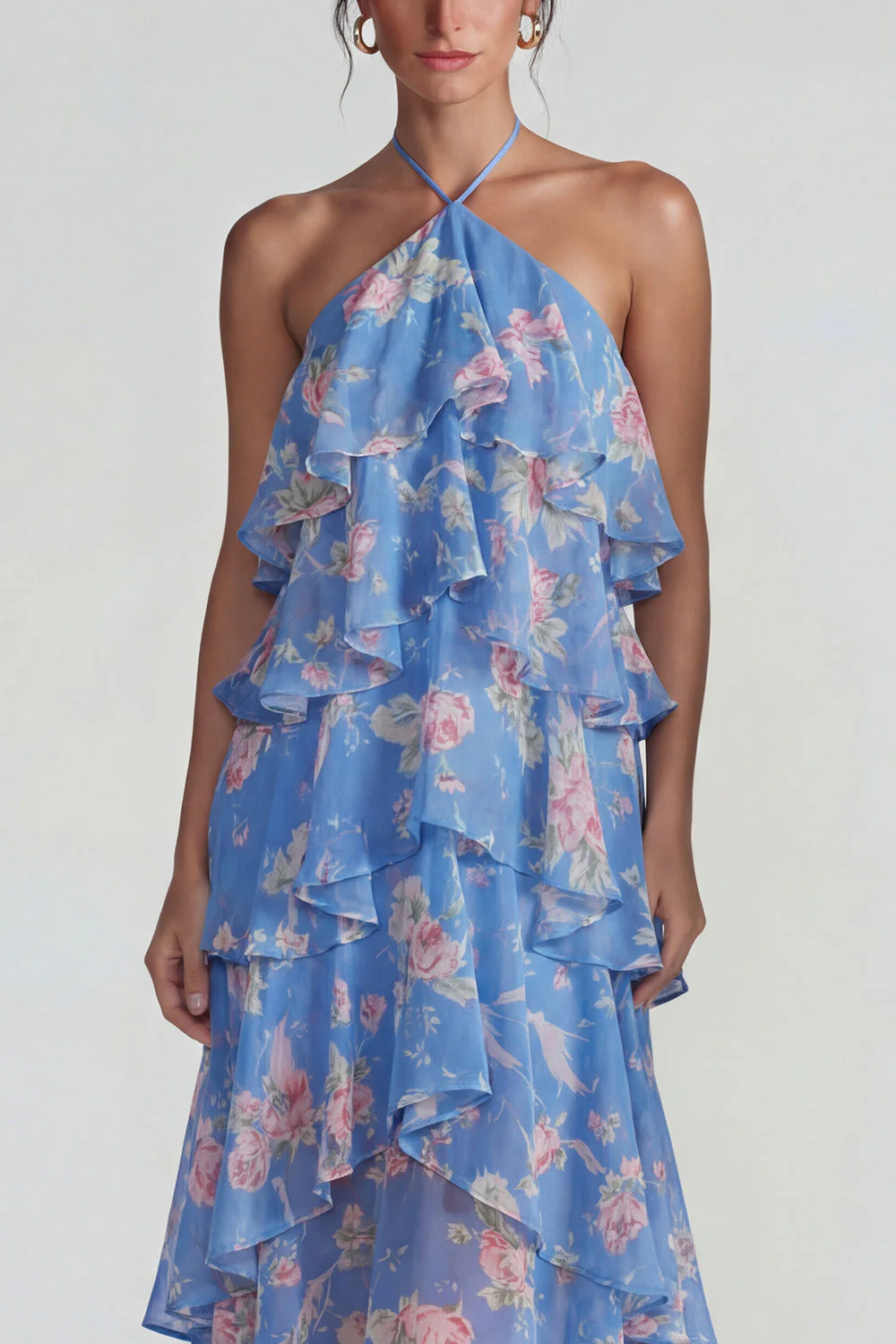 Blue Pink Printed Flower Halter Tiered Chiffon A Line Midi Dress with Ruffles - Image 3