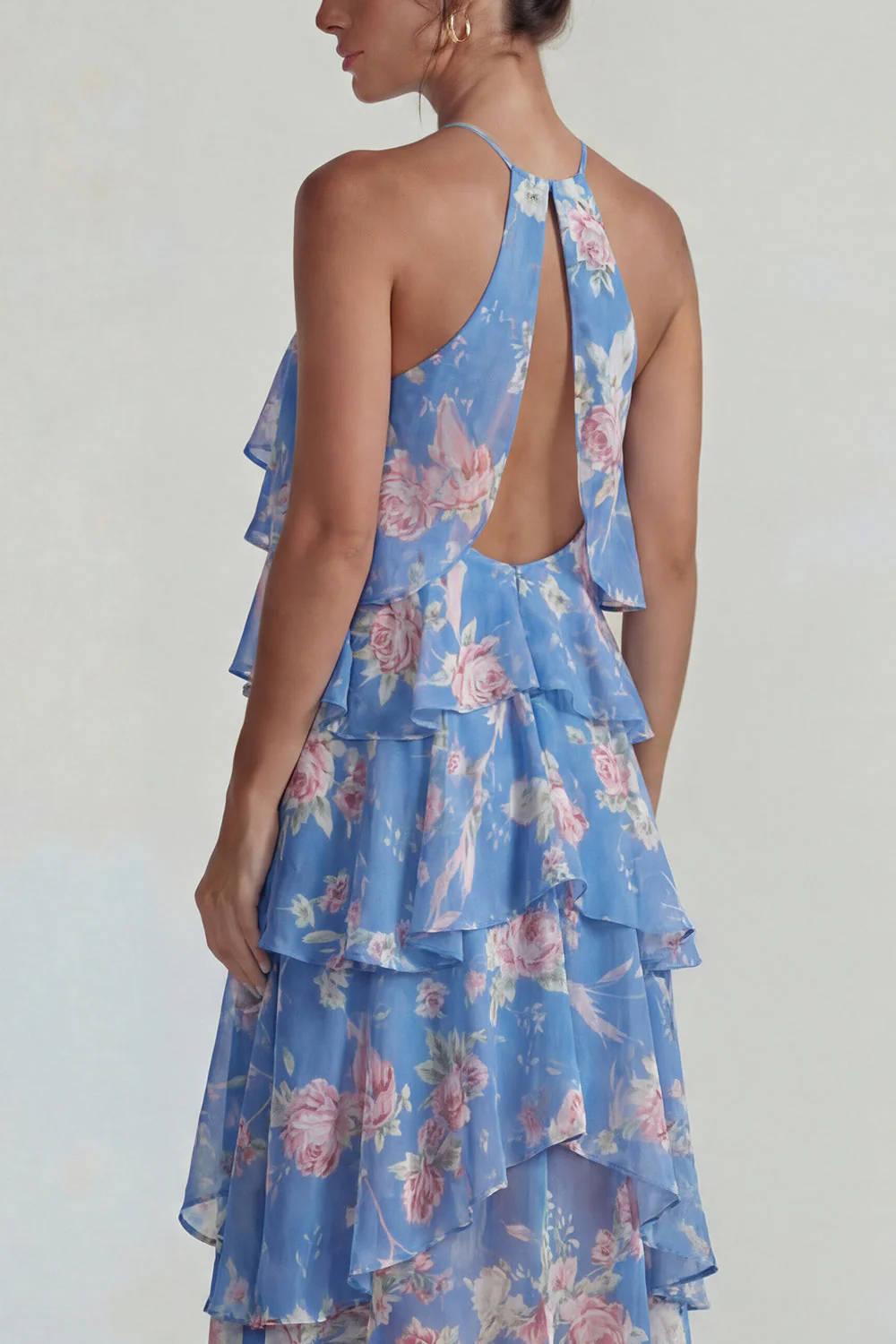 Blue Pink Printed Flower Halter Tiered Chiffon A Line Midi Dress with Ruffles - Image 4