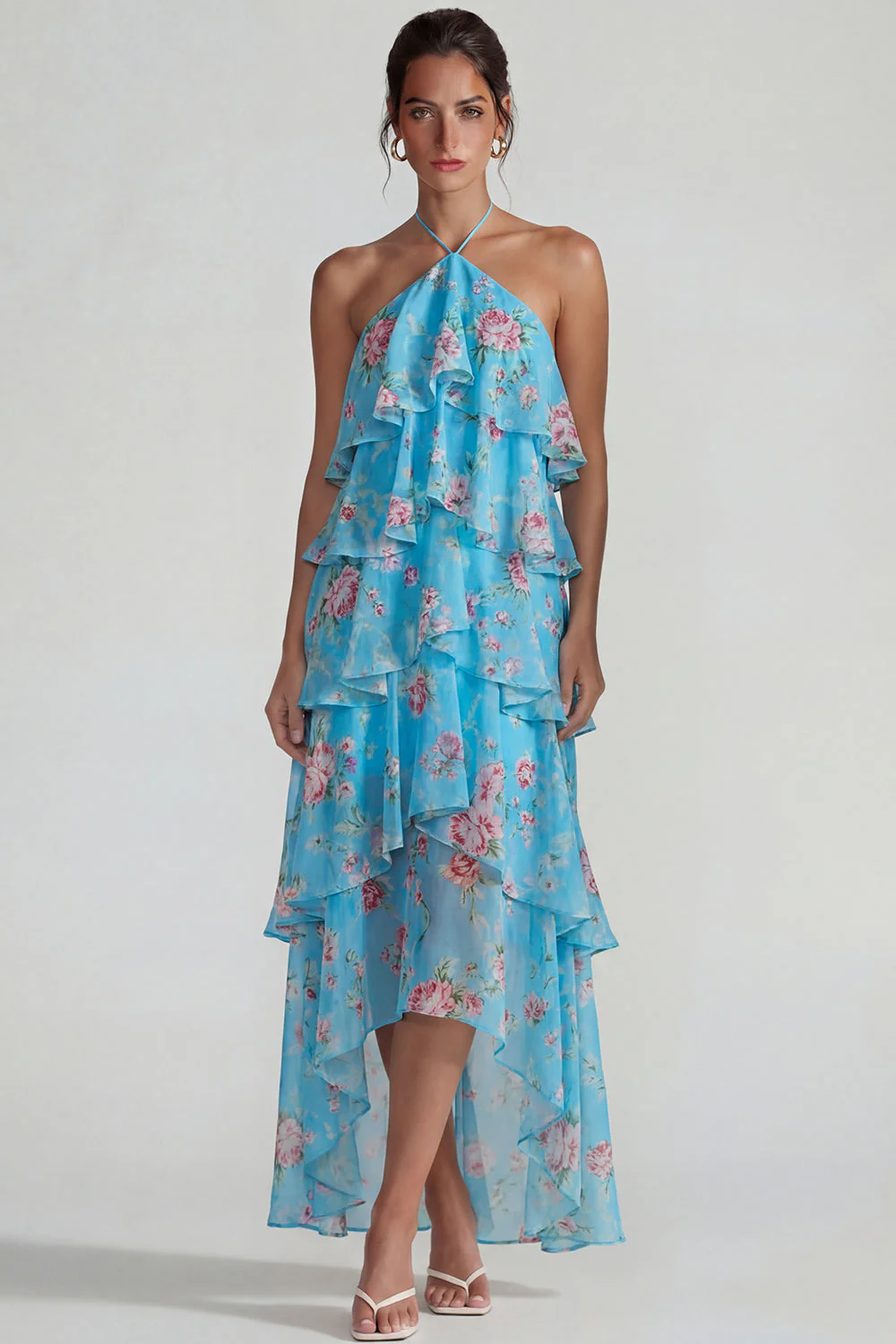 Blue Pink Printed Flower Halter Tiered Chiffon A Line Midi Dress with Ruffles - Image 5