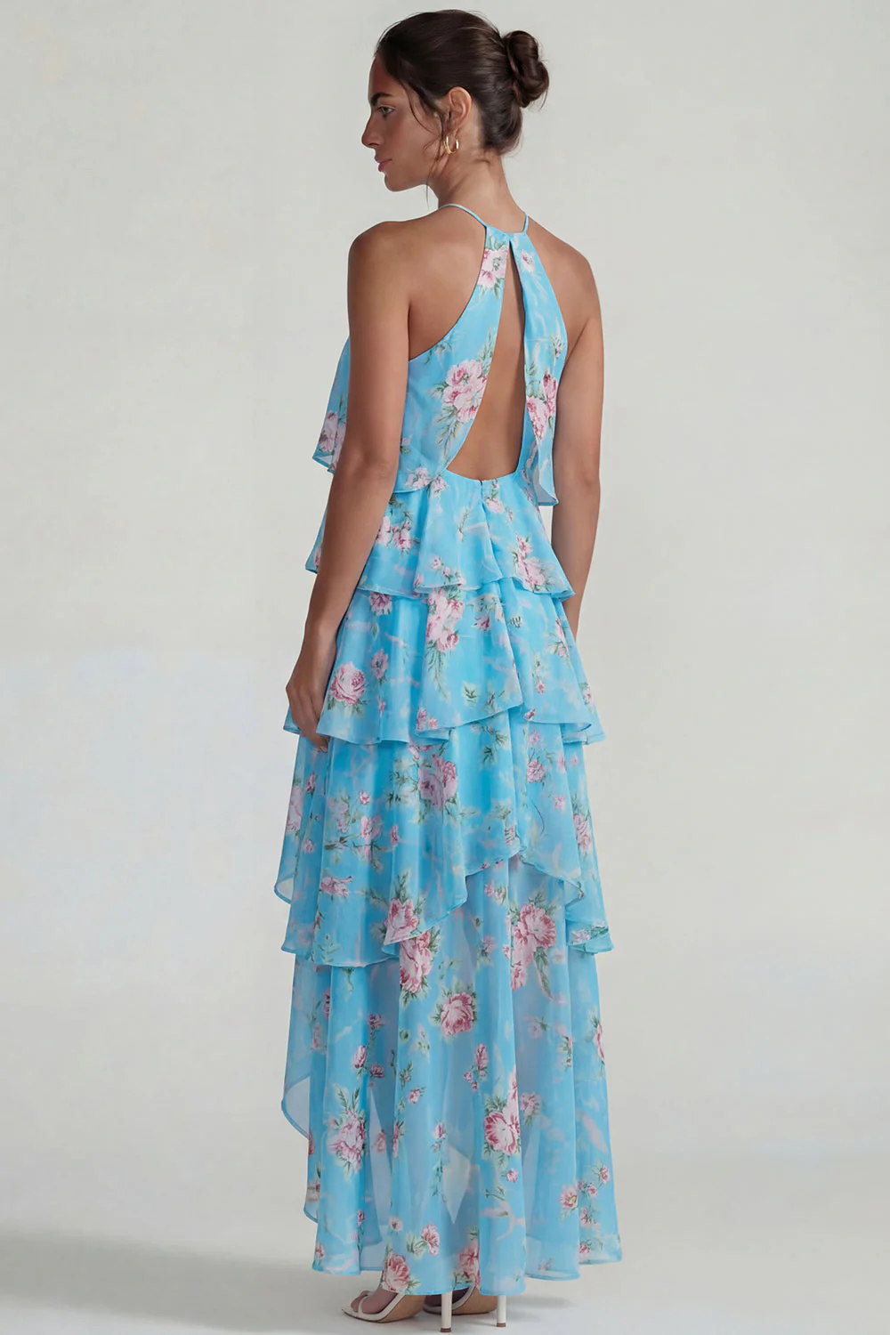 Blue Pink Printed Flower Halter Tiered Chiffon A Line Midi Dress with Ruffles - Image 6