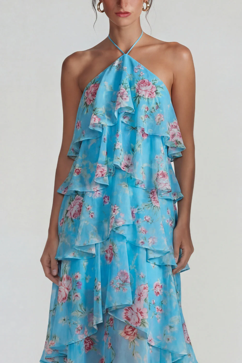 Blue Pink Printed Flower Halter Tiered Chiffon A Line Midi Dress with Ruffles - Image 7