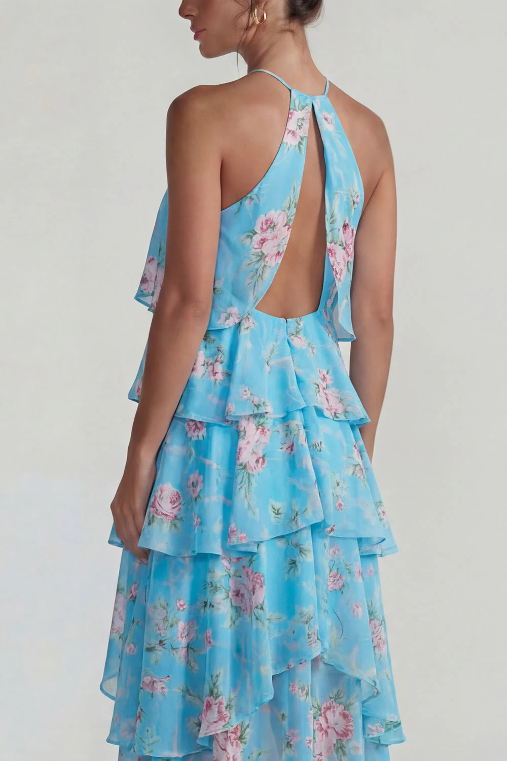 Blue Pink Printed Flower Halter Tiered Chiffon A Line Midi Dress with Ruffles - Image 8