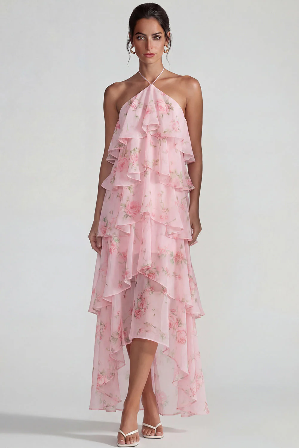 Blue Pink Printed Flower Halter Tiered Chiffon A Line Midi Dress with Ruffles - Image 9
