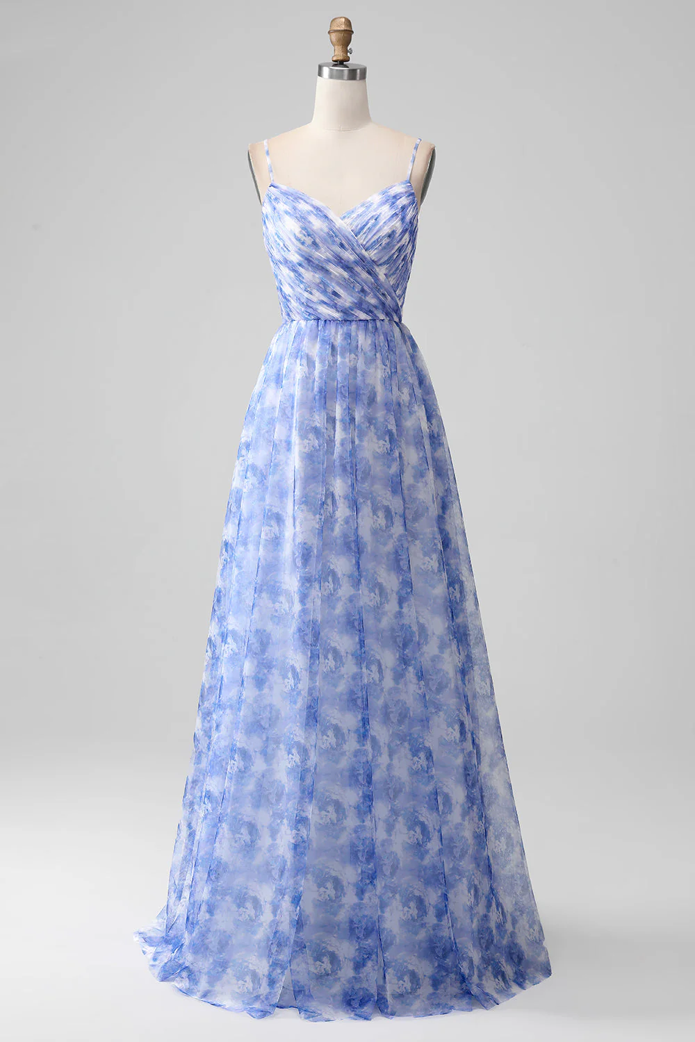 Blue Print A Line Spaghetti Straps Pleated Long Bridesmaid Dress with Lace-up Back - Image 3