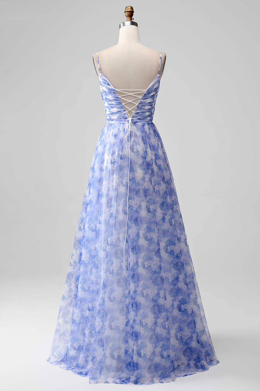 Blue Print A Line Spaghetti Straps Pleated Long Bridesmaid Dress with Lace-up Back - Image 4