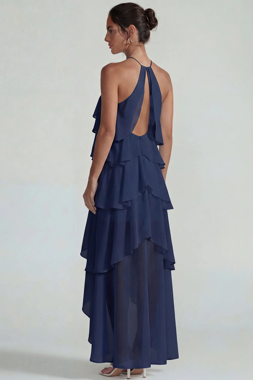 Blue Ruffled Chiffon Halter Tiered A Line Midi Dress - Image 10