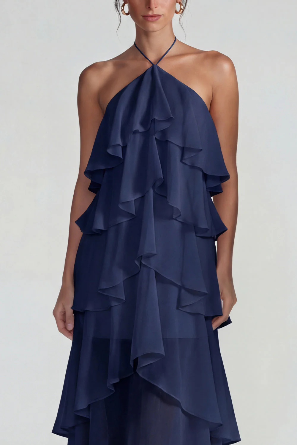 Blue Ruffled Chiffon Halter Tiered A Line Midi Dress - Image 11