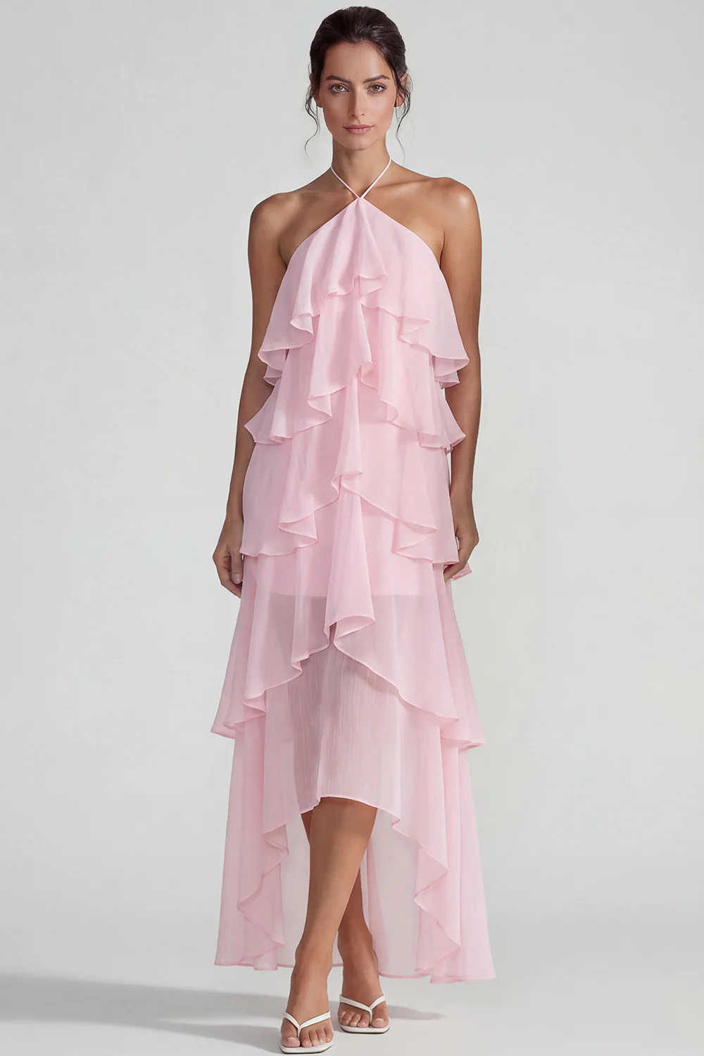 Blue Ruffled Chiffon Halter Tiered A Line Midi Dress - Image 13
