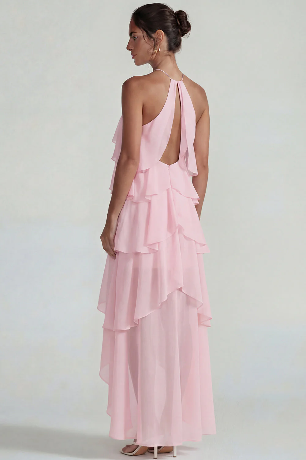 Blue Ruffled Chiffon Halter Tiered A Line Midi Dress - Image 14