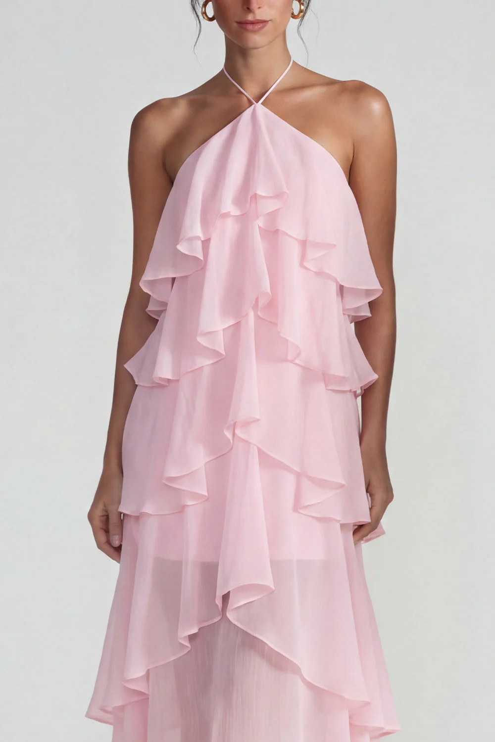 Blue Ruffled Chiffon Halter Tiered A Line Midi Dress - Image 15