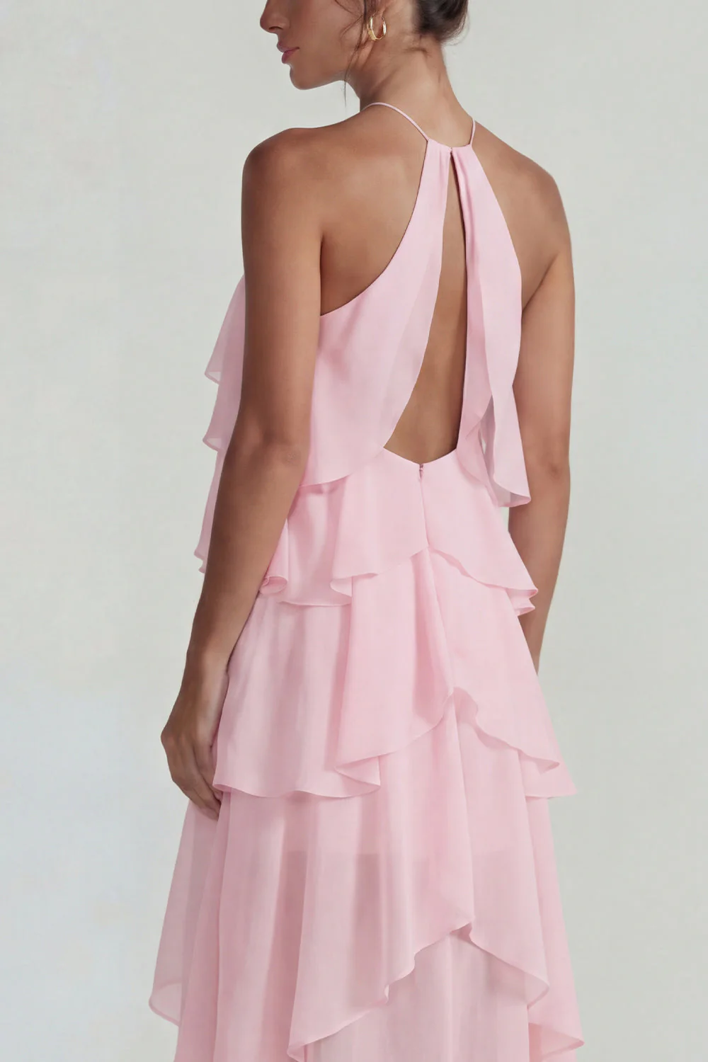 Blue Ruffled Chiffon Halter Tiered A Line Midi Dress - Image 16