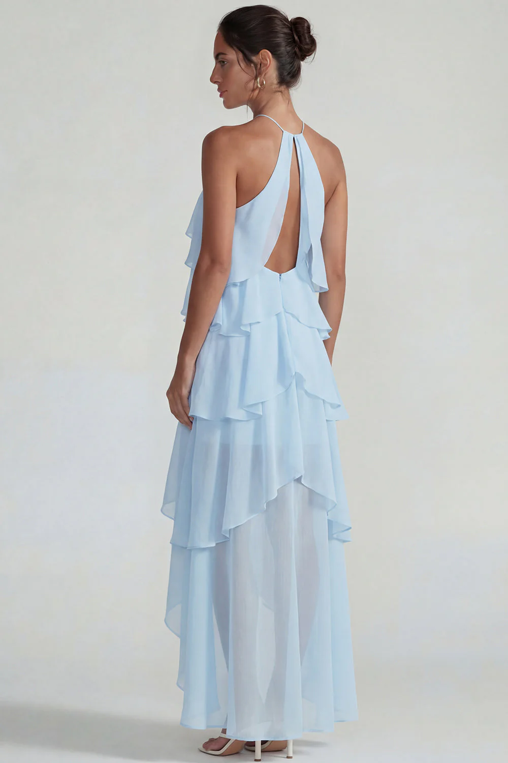 Blue Ruffled Chiffon Halter Tiered A Line Midi Dress - Image 2