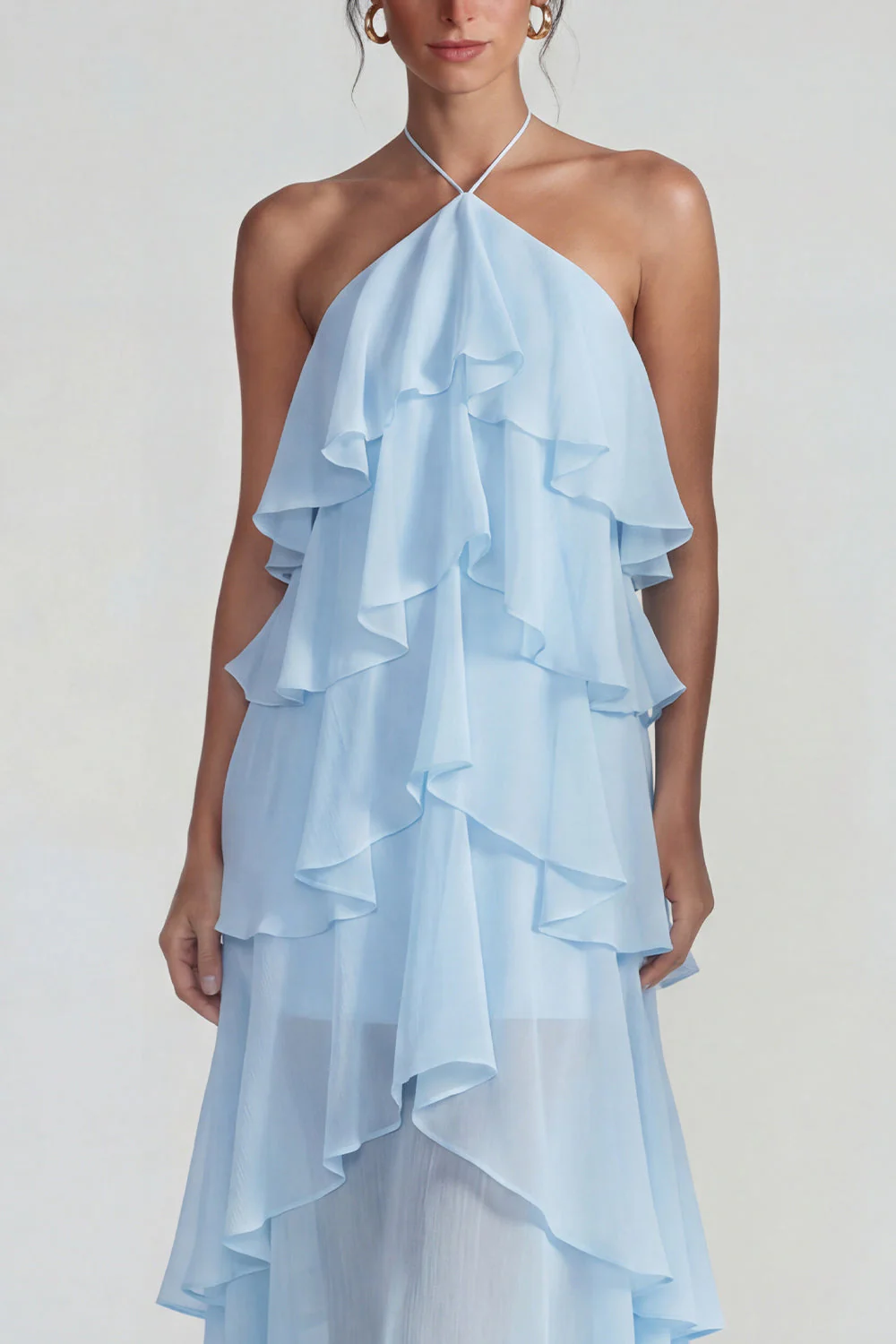 Blue Ruffled Chiffon Halter Tiered A Line Midi Dress - Image 3