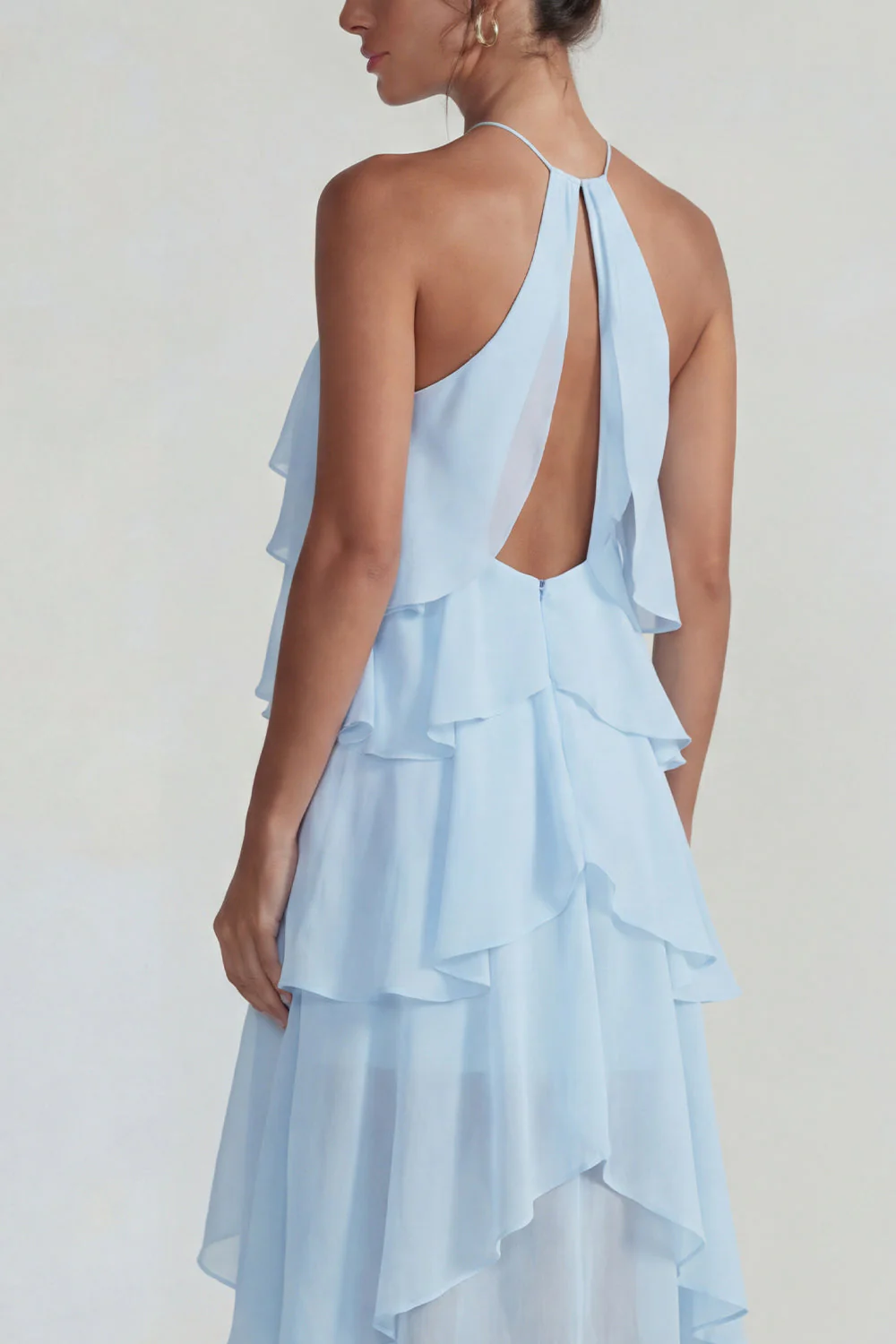 Blue Ruffled Chiffon Halter Tiered A Line Midi Dress - Image 4