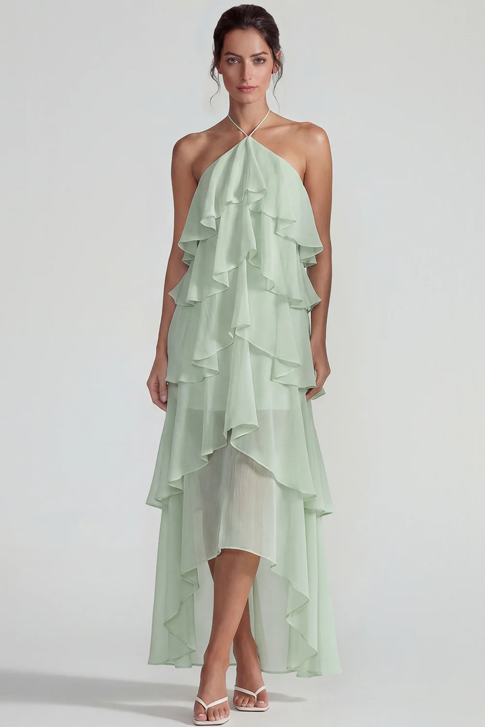 Blue Ruffled Chiffon Halter Tiered A Line Midi Dress - Image 5