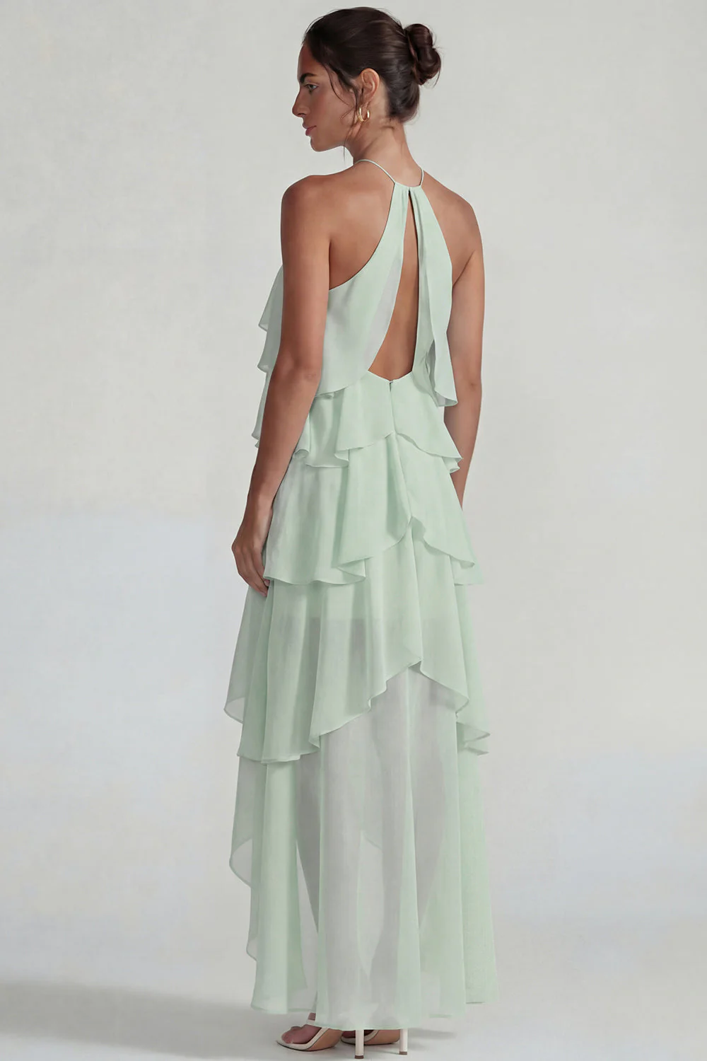 Blue Ruffled Chiffon Halter Tiered A Line Midi Dress - Image 6
