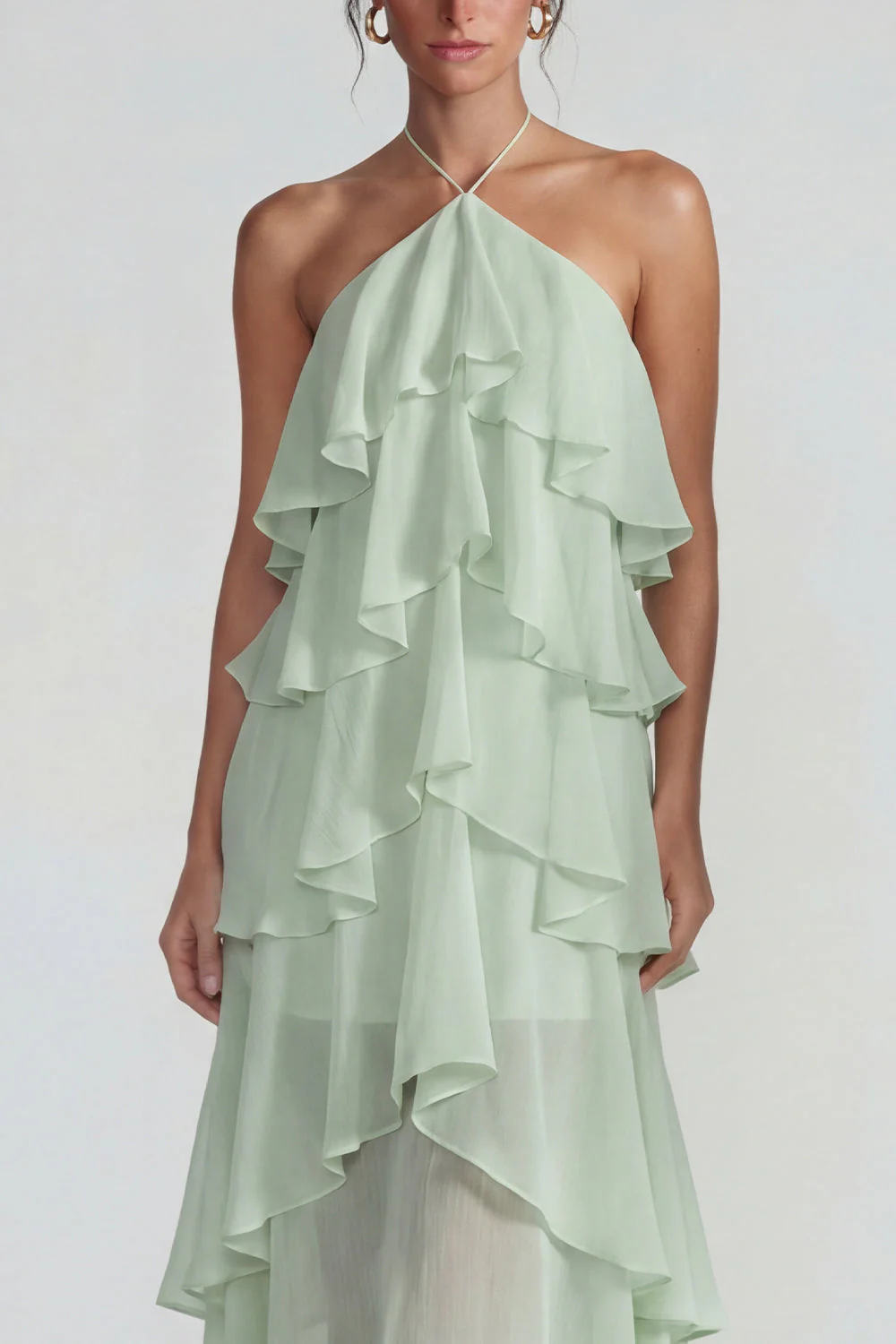 Blue Ruffled Chiffon Halter Tiered A Line Midi Dress - Image 7