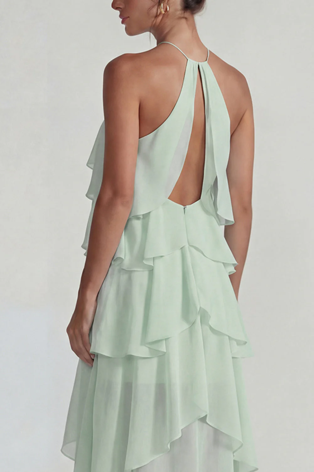 Blue Ruffled Chiffon Halter Tiered A Line Midi Dress - Image 8