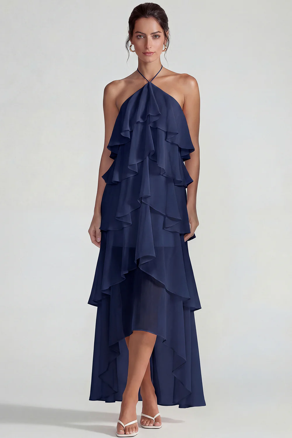 Blue Ruffled Chiffon Halter Tiered A Line Midi Dress - Image 9