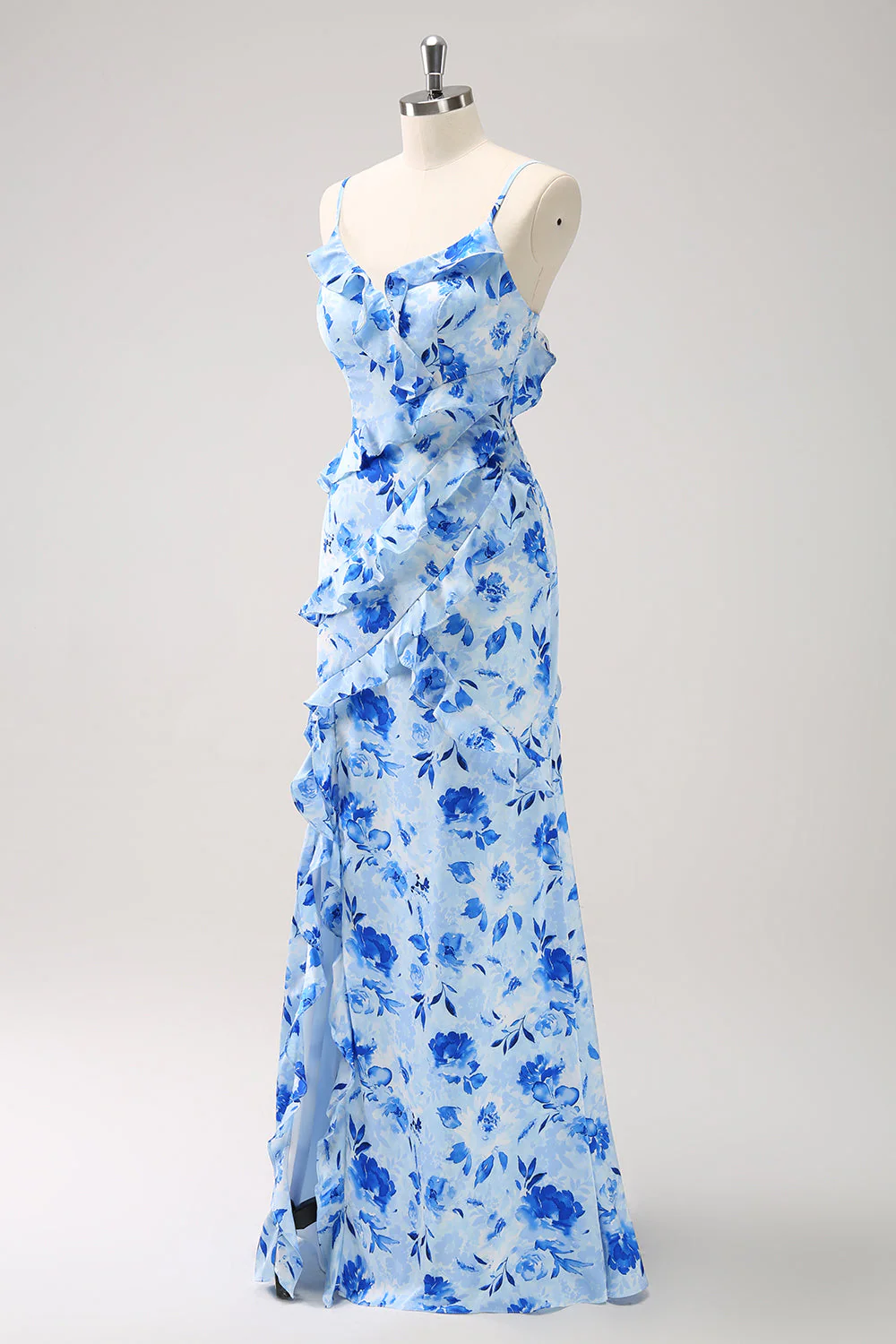 Blue Ruffled Floral Bridesmaid Dress with Slit - Image 4