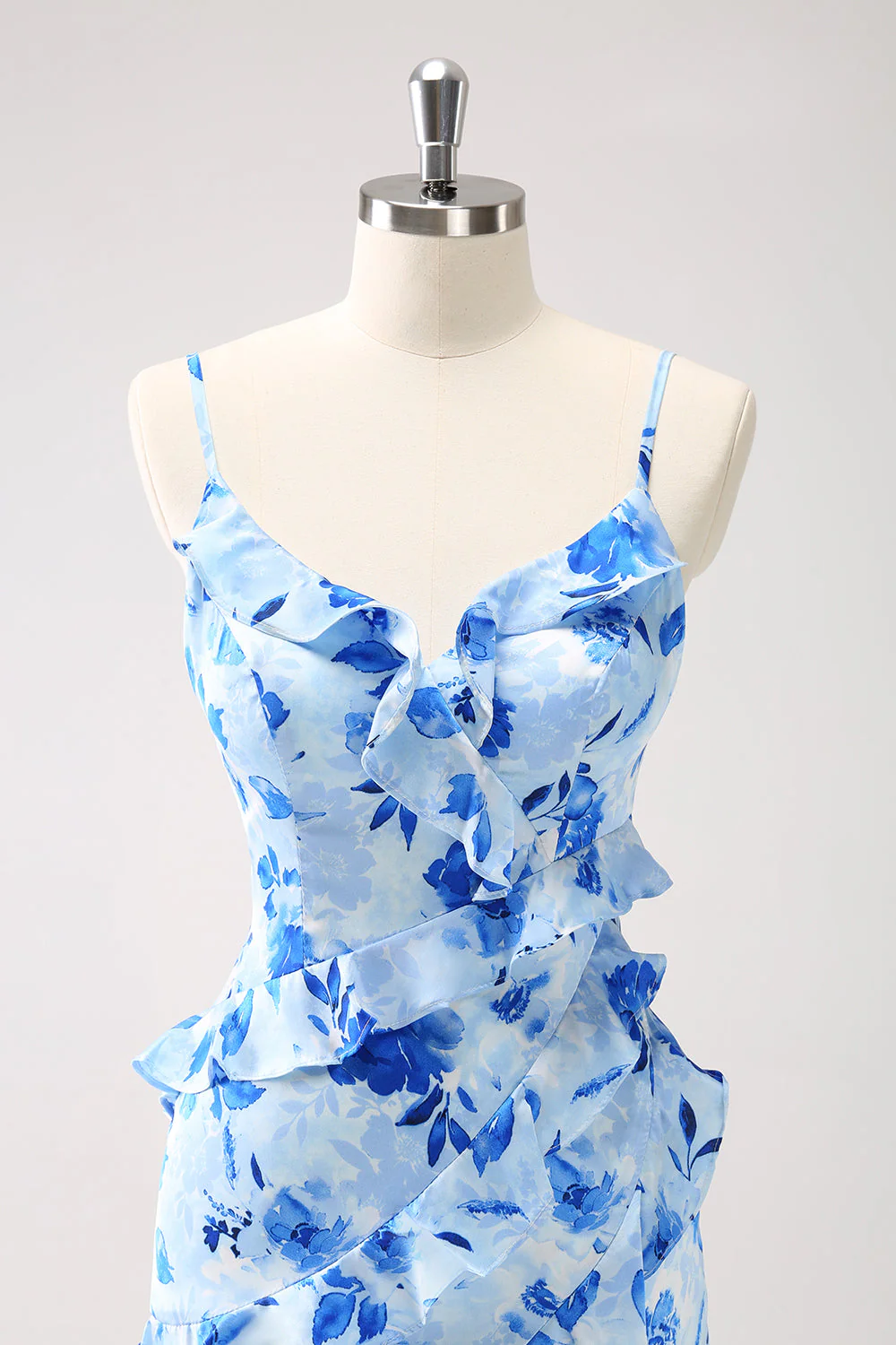Blue Ruffled Floral Bridesmaid Dress with Slit - Image 5