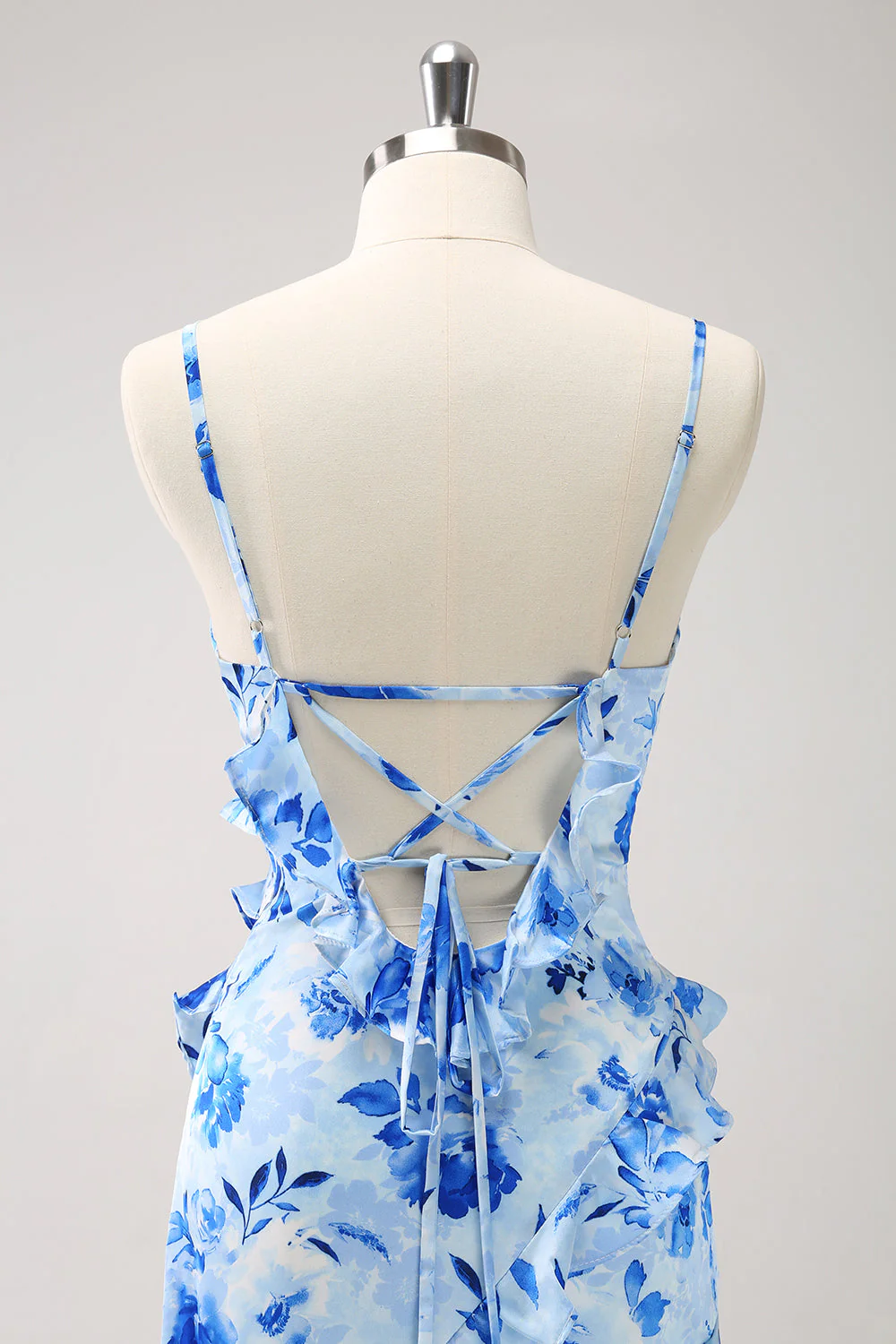 Blue Ruffled Floral Bridesmaid Dress with Slit - Image 6