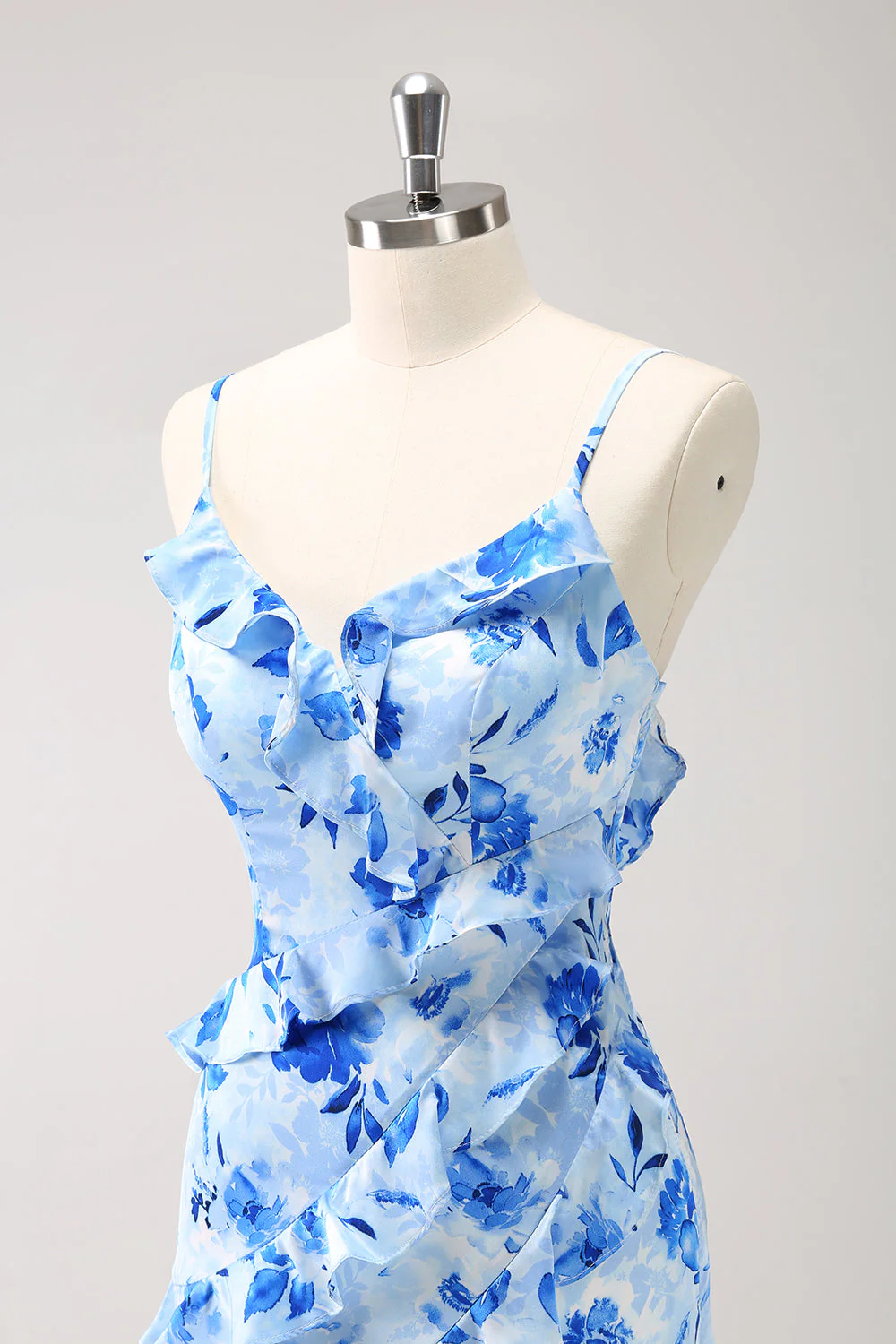 Blue Ruffled Floral Bridesmaid Dress with Slit - Image 7